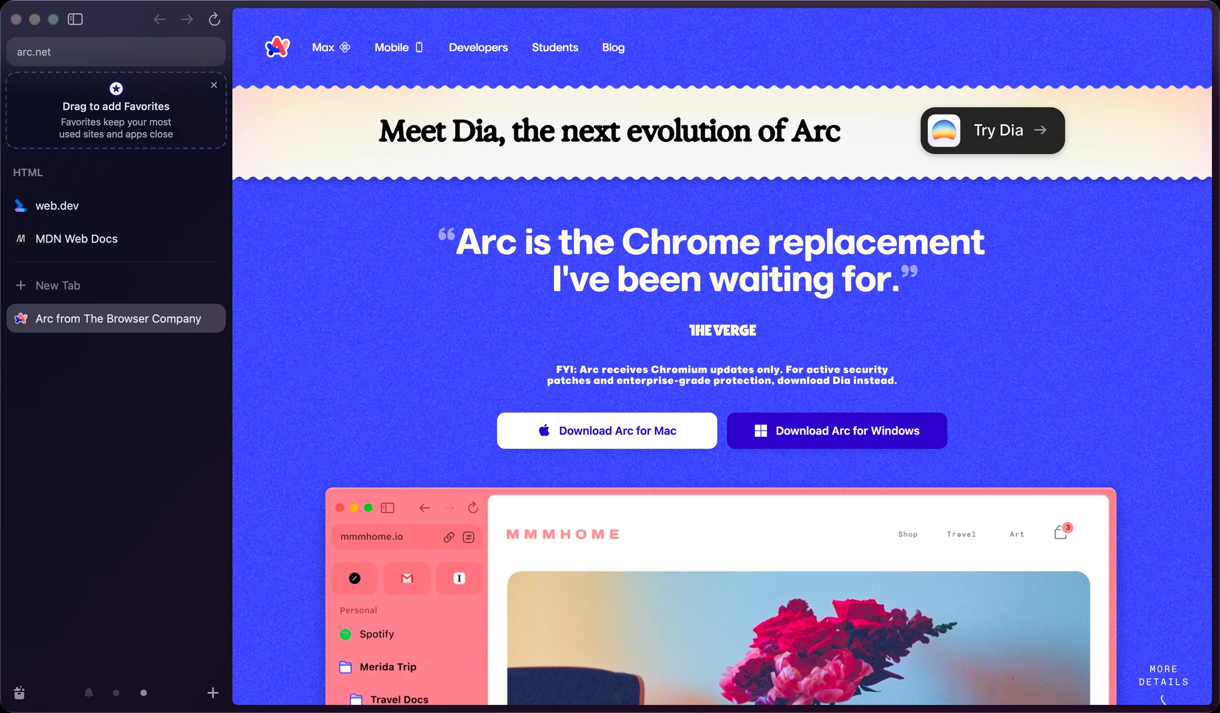 Arc displaying its own homepage. Tabs, favourites and navigation run down a sidebar on the left, and there is no horizontal tab strip anywhere. The page itself carries a banner announcing Dia as the next evolution of Arc, and a notice that Arc now receives Chromium updates only.